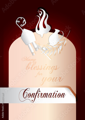 Sacrament of Confirmation, symbolic vector drawing illustration, with the holy olive oil and olive branch, a bishop's pastoral staff and mitre, a dove - symbol of the Holy Spirit.