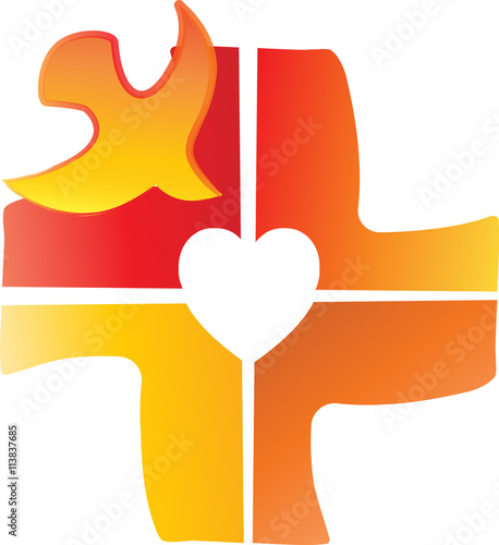 A dove - symbol of the Holy Spirit on a cross carved in a shape of a heart. Fire warm colors of Pentecost or sacrament of Confirmation.