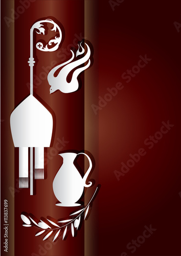 Sacrament of Confirmation, symbolic vector drawing illustration, with the holy olive oil and olive branch, a bishop's pastoral staff and mitre, a dove - symbol of the Holy Spirit.