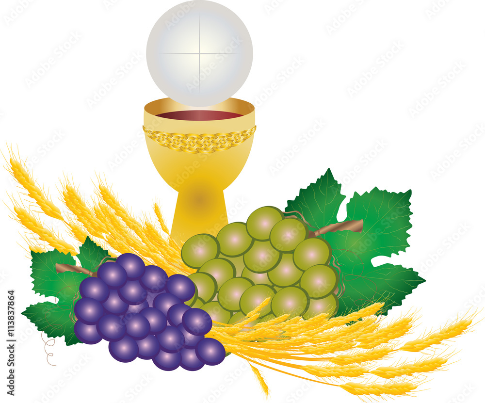 Vecteur Stock Chalice and host, bread and wine, with grape clusters and