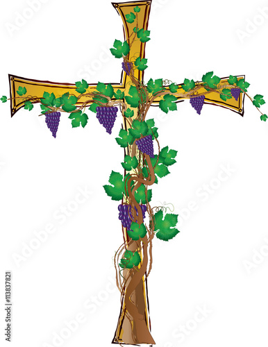 Floral grapevine cross, grape clusters on a vine tree in a shape of a cross. Christian religious graphic element with copy space for text.