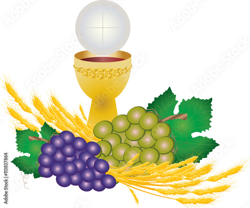 Chalice and host, bread and wine, with grape clusters and wheat ears. Symbols of eucharist and communion. First communion vector color illustration.