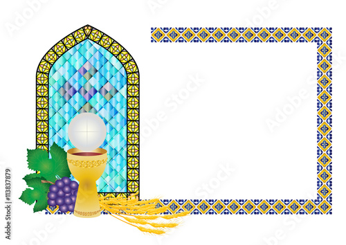 Eucharist symbol of bread and wine, chalice and host, with wheat ears and grapes, with a cross. First communion vector illustration, with stained glass church window.