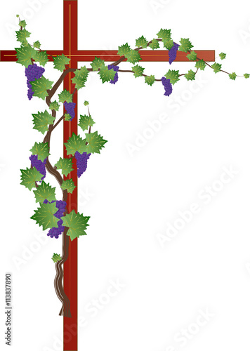 Floral grapevine cross, grape clusters on a vine tree in a shape of a cross. Christian religious graphic element with copy space for text.