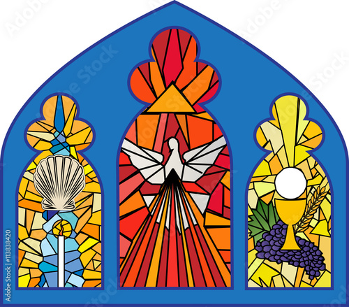 Church stained glass window with sacraments of christian initiation - baptism, confirmation and eucharist