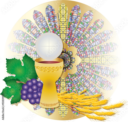 Eucharist symbols of bread and wine, chalice and host with wheat ears and grapes vine. FIrst communion christian color vector illustration.