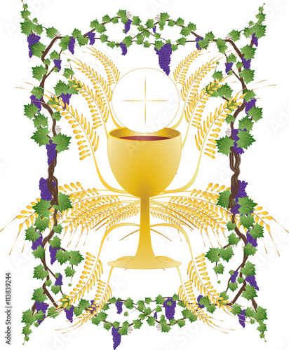 Eucharist symbols of bread and wine, chalice and host with wheat ears and grapes vine. FIrst communion christian color vector illustration.