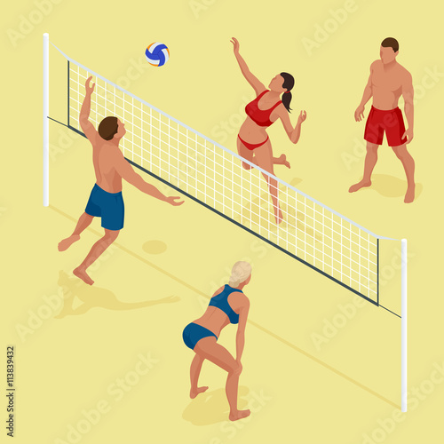 Group young Friends Playing Volleyball On Beach. Beach volleyball Is a popular sport that is played on the beach. Flat 3d vector isometric illustration.