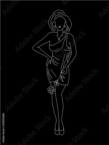 Silhouette of beautiful woman. Vector sketch, white contour on a black background. Hand drawn illustration