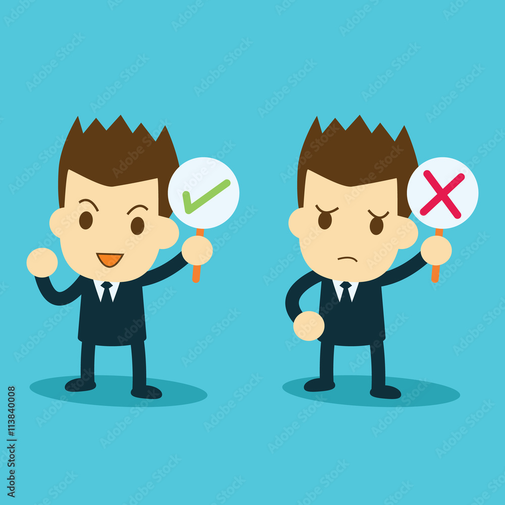 businessman holding right and wrong signs businessman holding right and wrong signs
