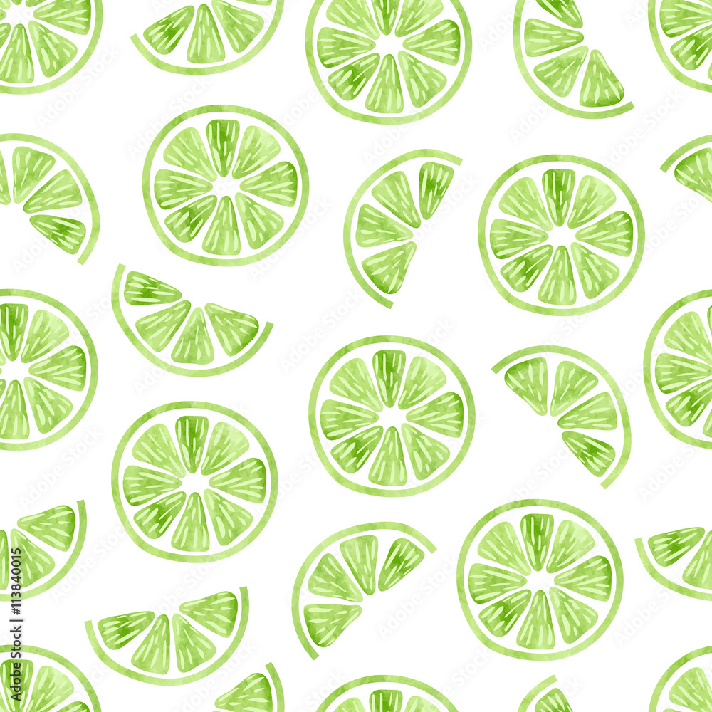Watercolor lime seamless pattern. Vector background wit slices of lime isolated on white. 
