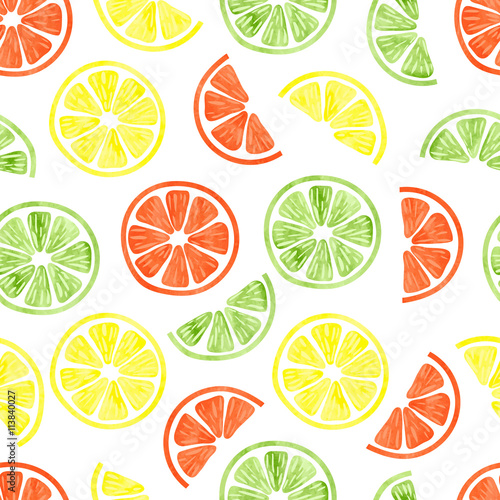 Watercolor citrus seamless pattern. Vector background with lemon, orange and lime slices isolated on white. Can be used for wallpaper, web page design, textile, backgrounds. 