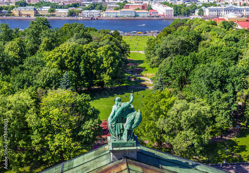 Panorama of Neva river and city park from Saint Isaac's Cathedral in the summer. St Petersburg. Russia.
