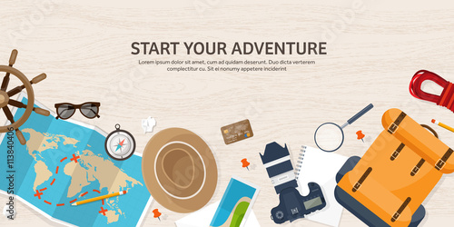 Travel and tourism. Flat style. World, earth map. Globe. Trip, tour, journey, summer holidays. Travelling,exploring worldwide. Adventure,expedition. Table, workplace. Traveler. Navigation or route