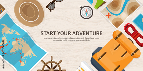 Travel and tourism. Flat style. World, earth map. Globe. Trip, tour, journey, summer holidays. Travelling,exploring worldwide. Adventure,expedition. Table, workplace. Traveler. Navigation or route