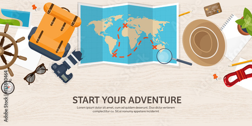 Travel and tourism. Flat style. World, earth map. Globe. Trip, tour, journey, summer holidays. Travelling,exploring worldwide. Adventure,expedition. Table, workplace. Traveler. Navigation or route