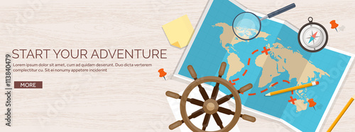 Travel and tourism. Flat style. World, earth map. Globe. Trip, tour, journey, summer holidays. Travelling,exploring worldwide. Adventure,expedition. Table, workplace. Traveler. Navigation or route