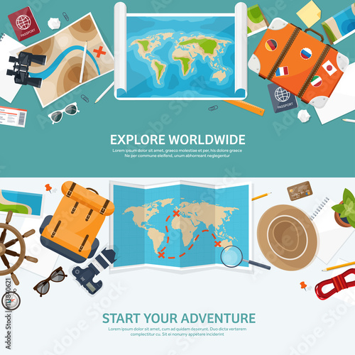Travel and tourism. Flat style. World, earth map. Globe. Trip, tour,journey,summer holidays. Travelling, exploring worldwide. Adventure,expedition. Table,workplace. Traveler. Navigation or route