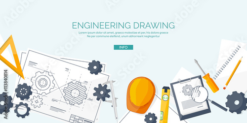 Vector illustration. Engineering and architecture. Drawing, construction.  Architectural project. Design, sketching. Workspace with tools. Planning, building. 