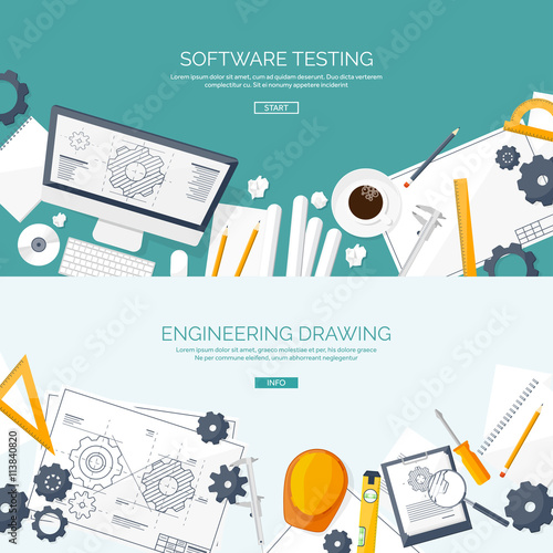 Vector illustration. Engineering and architecture. Computer, software. Drawing, construction.  Architectural project. Design, sketching. Workspace with tools. Planning, building. 