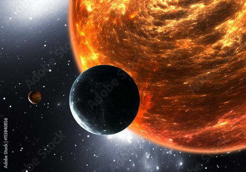 Fototapeta Naklejka Na Ścianę i Meble -  Extrasolar planets or exoplanets and red dwarf or red supergiant. 3D illustration