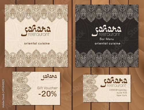 Vector illustration of a menu card template design for a restaurant or cafe Arabian oriental cuisine. Asian, Arab and Lebanese cuisine. Business cards and vouchers. Hand-drawn traditional ornament.