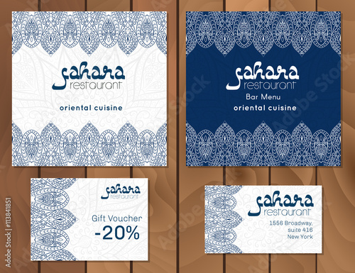 Vector illustration of a menu card template design for a restaurant or cafe Arabian oriental cuisine. Asian, Arab and Lebanese cuisine. Business cards and vouchers. Hand-drawn traditional ornament.