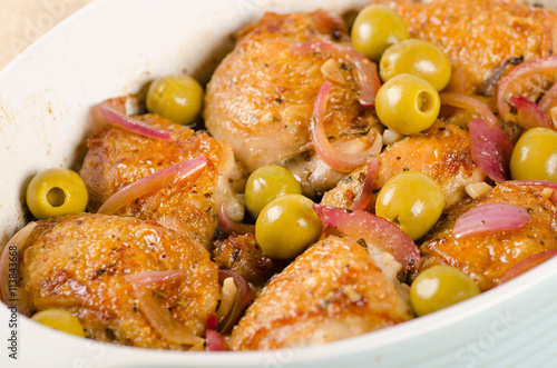 chicken roasted with olives and red onion