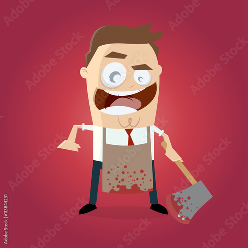 psychopath with bloody hatchet and apron