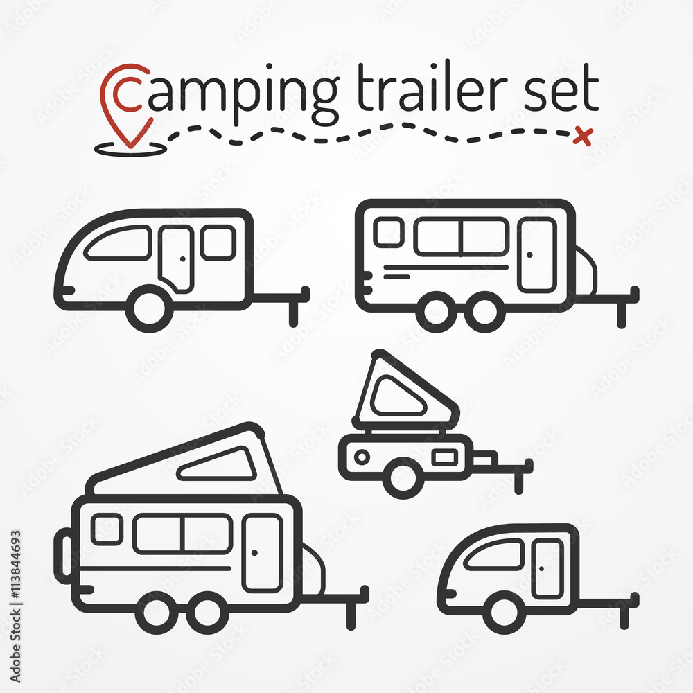 Set of camping trailer icons. Travel trailer symbols in silhouette line style. Camping trailers vector stock illustration. Five trailers with camping equipment. Set of camping trailer icons. Travel trailer symbols in silhouette line style. Camping trailers vector stock illustration. Five trailers with camping equipment.