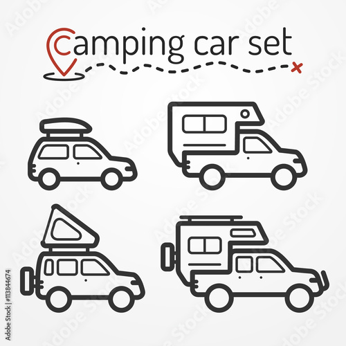 Set of camping car icons. Travel car symbols in silhouette line style. Camping cars vector stock illustration. Car, SUV and pickup with camping equipment.