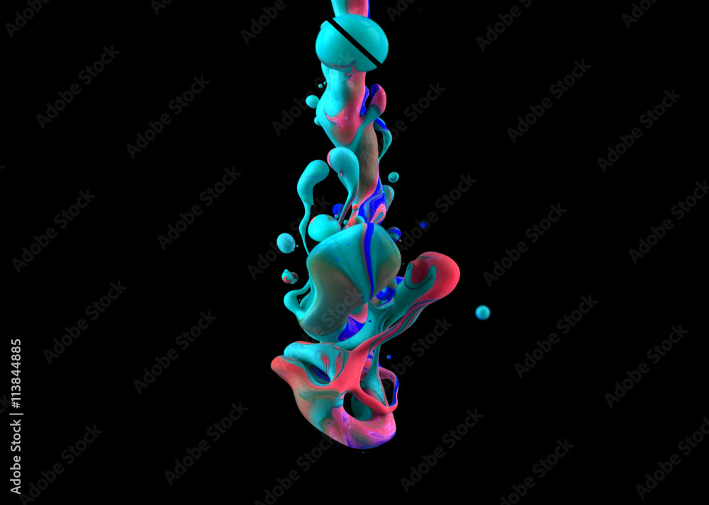 Color Liquid in dynamic flow forming interesting and unique shapes and bubbles. Colorful tones mixing in an unique pattern. Artistic design. Isolated on black background. - obrazy, fototapety, plakaty 