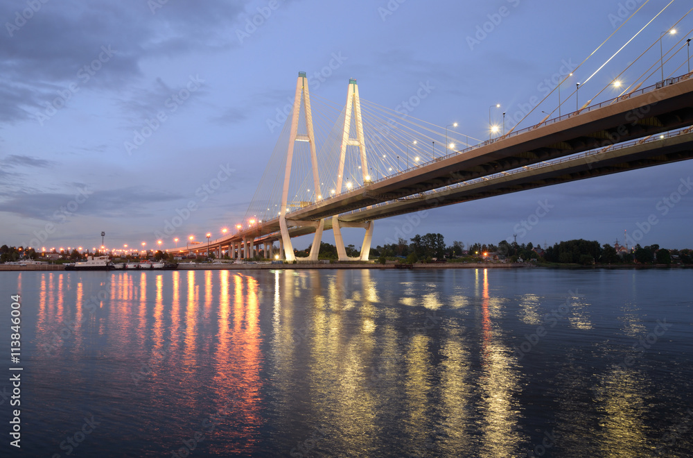 Fototapeta premium Cable stayed bridge and Neva river.