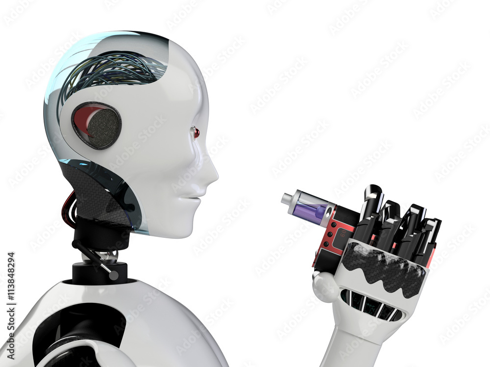 Naklejka premium robot smoking e-cigarette with cyber arm