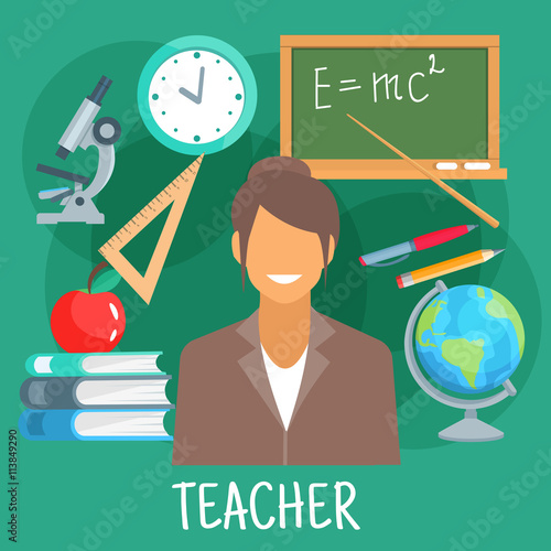 Teacher in classroom with school supplies symbol