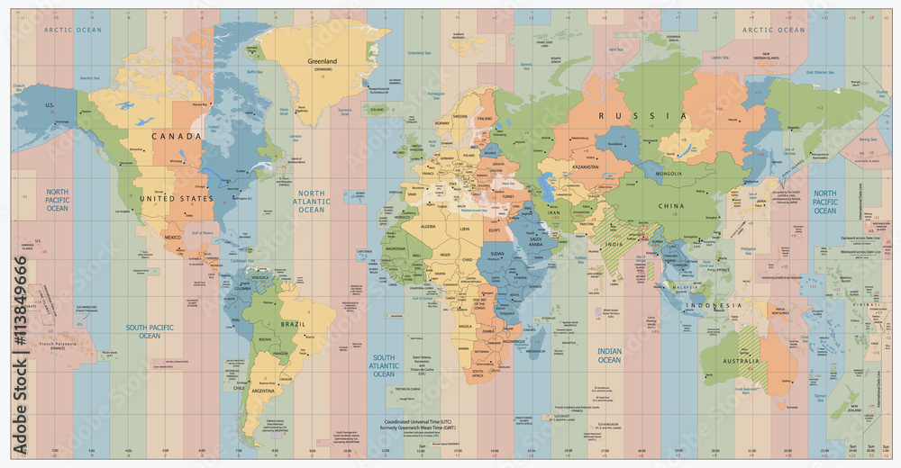 World Map with Standard Time Zones
