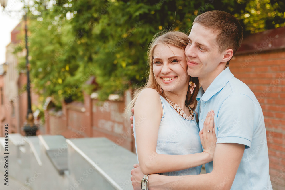 Portrait of Happy Couple Hugging Laughing Bricks Wall Background Portrait of Happy Couple Hugging Laughing Bricks Wall Background