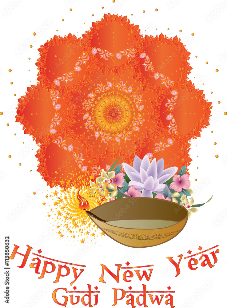 Indian Hindu holiday vector illustration with oil lamp. Indian New Year