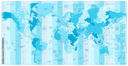 World Map with Standard Time Zones in colors of blue