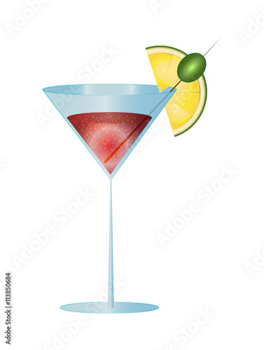 tall cocktail glass with red drink, lemon slice and an olive