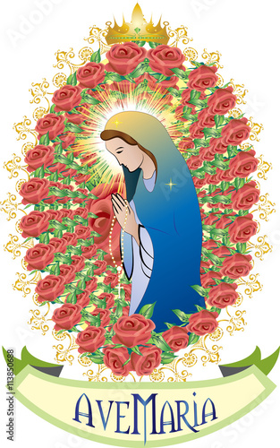 Blessed Virgin Mary in frame of red roses, color vector illustration
