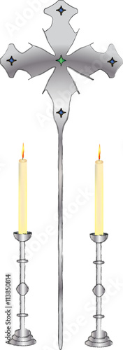 Abstract artistic clipart illustration of a processional cross with the candles on tall candle holders.