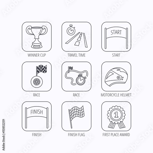 Winner cup and award icons. Race flag signs.