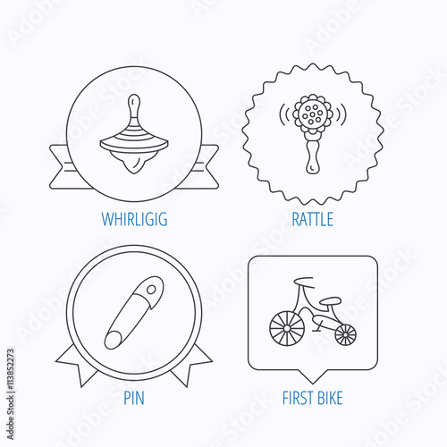 First bike, whirligig and rattle toy icons.