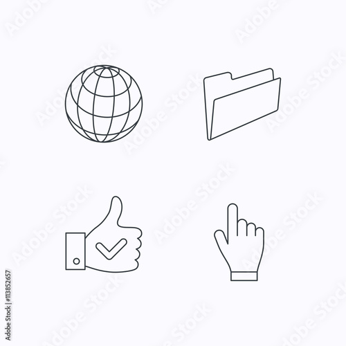 Folder, press hand and world globe icons.