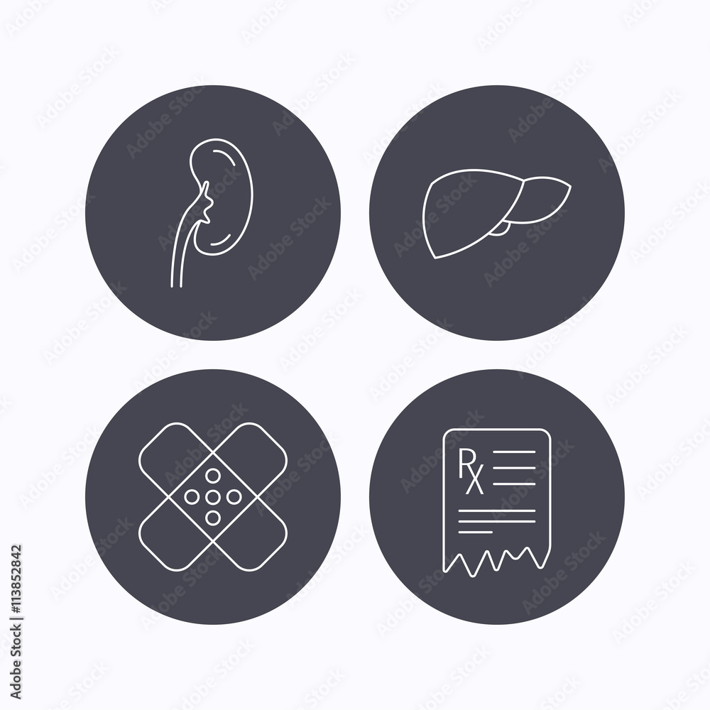 Liver, medical plaster and prescription icons. Liver, medical plaster and prescription icons.