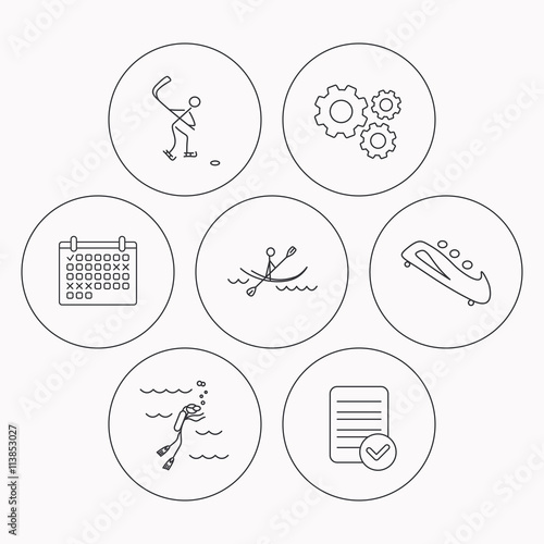 Ice hockey, diving and kayaking icons.