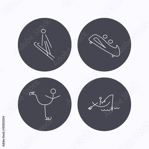 Fishing, figure skating and bobsled icons.