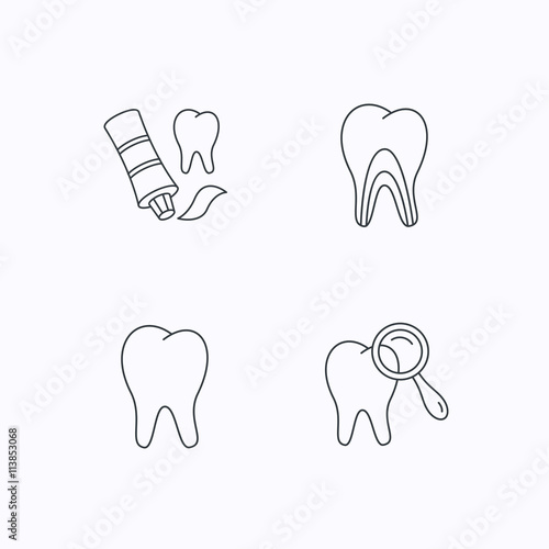 Tooth, dental diagnostics and toothpaste icons.