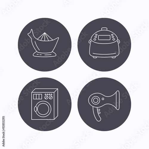 Washing machine, multicooker and hair dryer icons.